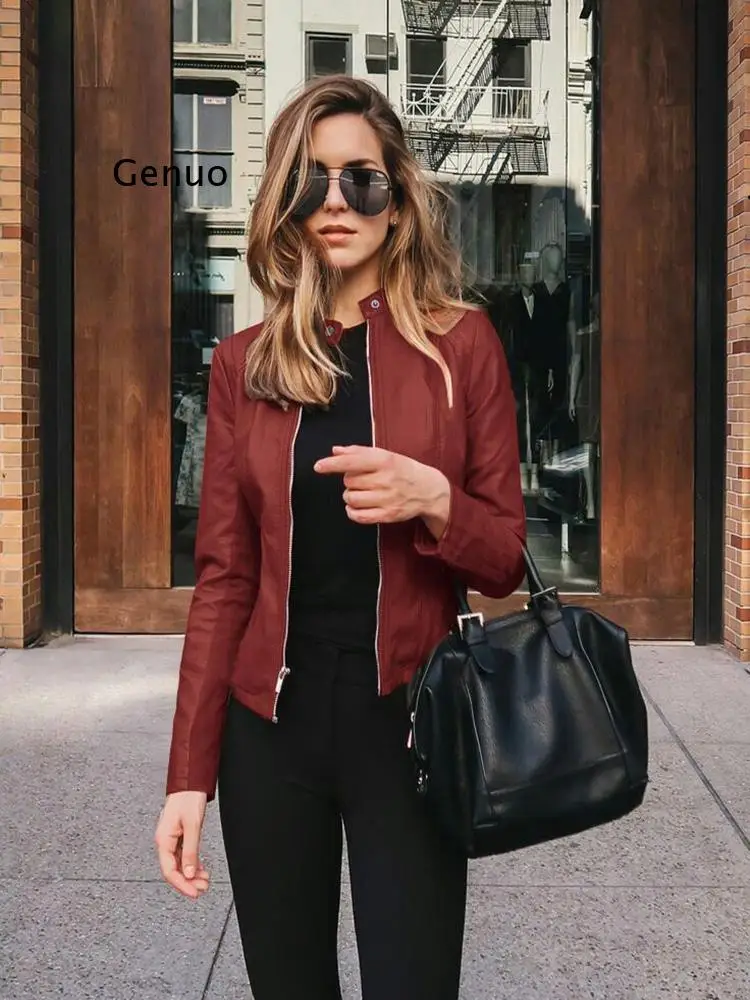 

Fashion Street Autumn Winter Faux Leather Jackets Casual Zipper Leather Jacket Sleeve Basic Jacket