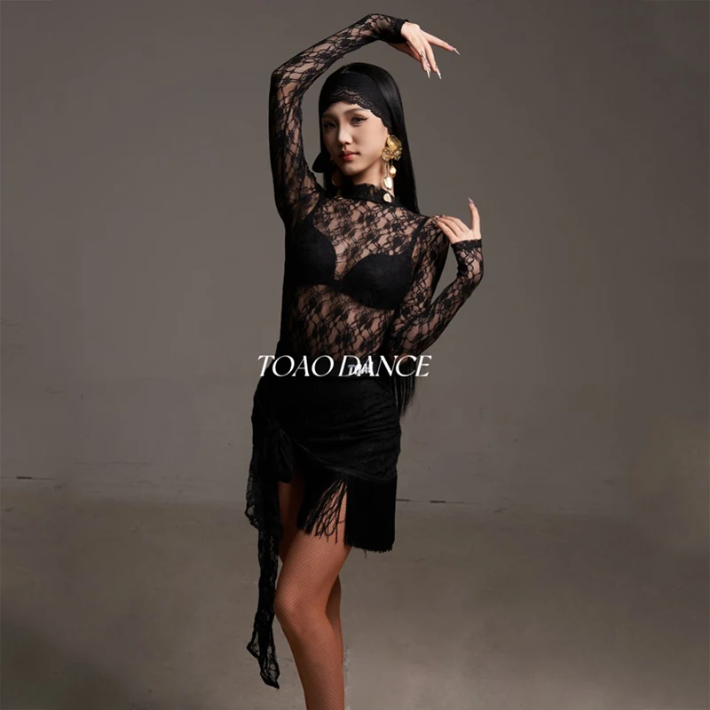 Nouveau Costume de danse latine Sexy pour femmes, hauts en dentelle, jupe à franges, robe de compétition pour adultes, vêtements de danse Rumba Samba, ensembles de 4 pièces DNV22122