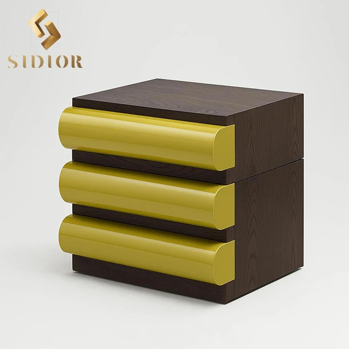 

Modern Wooden Bedside Table with Bright Yellow Accents - Curved Drawer Fronts Bedroom Nightstand