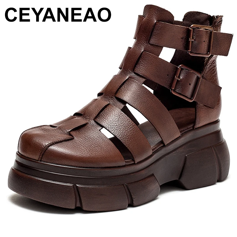 Retro Thick Heel Sandals For Women Genuine Leather Summer 6cm High Heel Closed Toe Sandals Buckle ZIP Platform Shoes