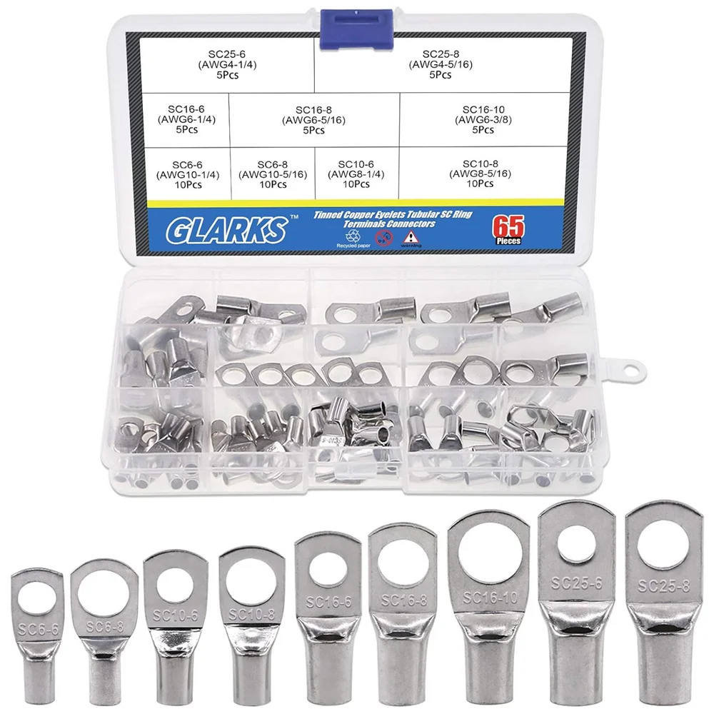 

65Pcs Assorted Heavy Duty Wire Lugs Battery Cable Tinned Copper Eyelets Tubular SC Ring Terminals Connectors with Spy Hole Kit