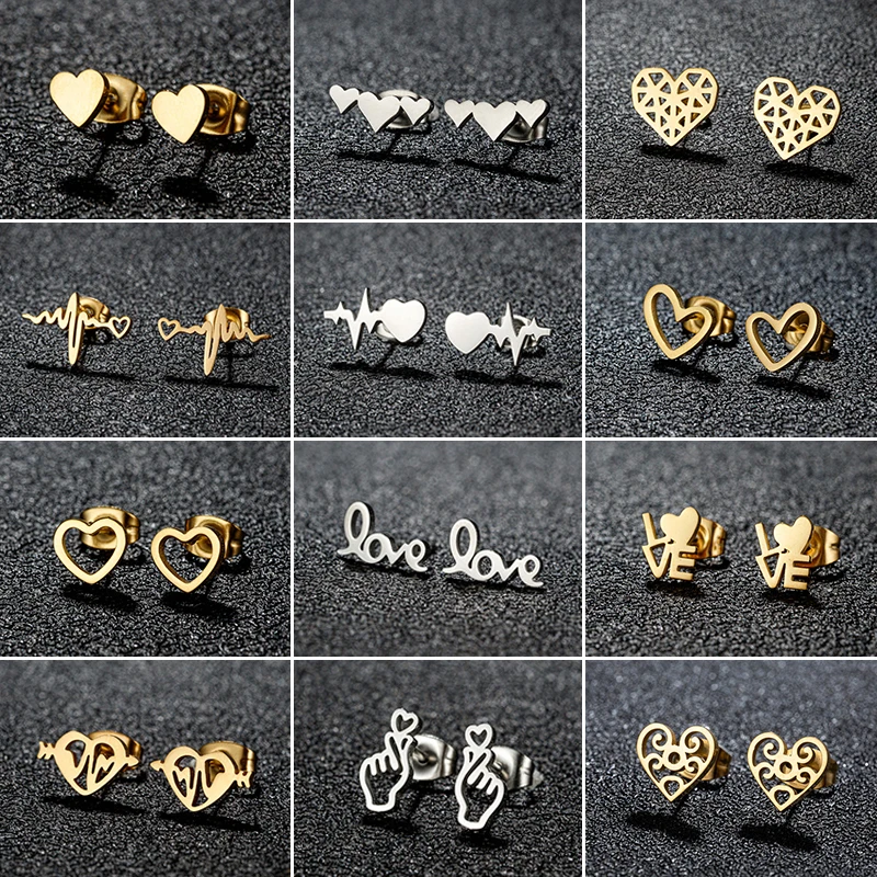 Fashion Minimalist Love Heart Stud Earrings for Women Girls Romantic Heartbeat Earings Piercing Jewelry Valentine's Day Gift