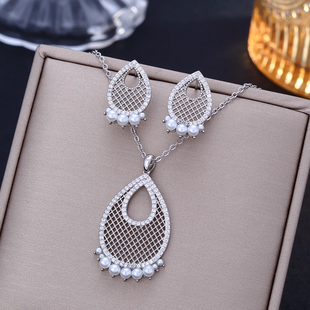 Exquisite Zircon Water Drop Pendant Wedding Necklace Earrings Set for Women Luxury Indian Arab Crystal Bridal Jewelry Sets Gifts