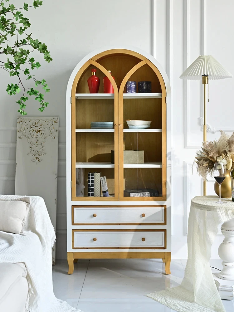 Solid wood retro two-door wine cabinet living room arched with glass display cabinet floor-to-ceiling multi-layer bookcase