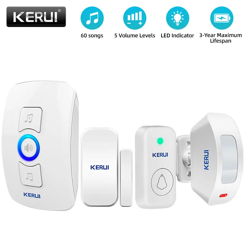 KERUI Wireless Doorbell Home Security Welcome Chime Door Bell Work with PIR Motion Detector Door Sensor Sound Alarm Ring Button