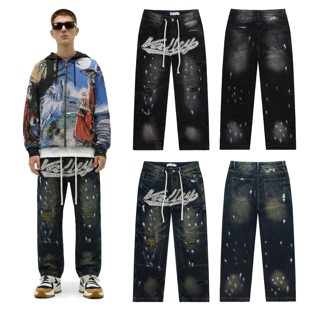 

Streetwear Clothing Loose Jeans with Color Rhinestones Y2k Hip Hop Street Style Clothing Cotton Casual Rock Revivals Jeans Men's