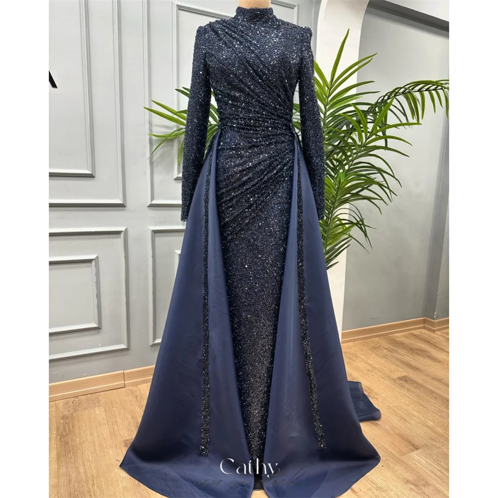 Cathy High Neck Glitter Wedding Dresses Detachable Train Modest فساتين سهرة Elegant Long Sleeves Pleats vestidos de fiesta 2024