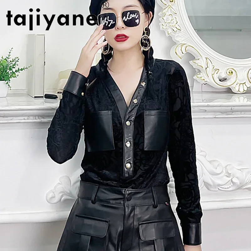 

Tajiyane Top Women 2022 Spring Autumn New Leather T Shirt Women Fashion Sexy V-neck Long-sleeved Bottoming Tops Feminine Clothes