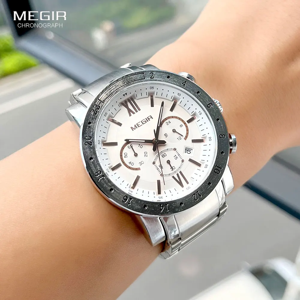 MEGIR hot brand quartz watches for men man\'s business white wristwatch fashion three-eyes waterproof luminous watch for male