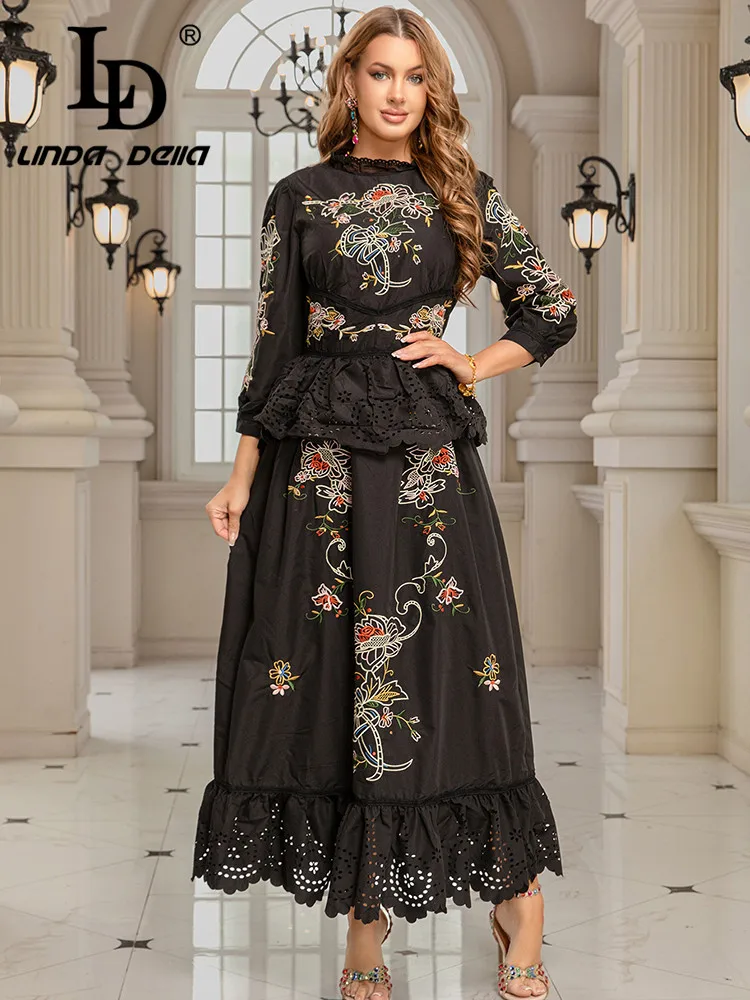 LD LINDA DELLA 2025 ربيع/صيف جديد عتيق تسعة كم الثقيلة التطريز زهرة الربط الدانتيل الخصر كشكش حافة فستان