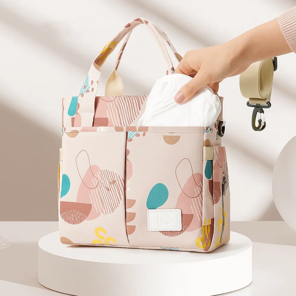 

Portable Waterproof Mommy Handbag Oxford Printing Baby Diaper Bag Solid Color Large Capacity Baby Care Bag Travel