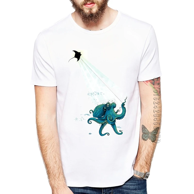 Octopus and devil rays Kite Flying T Shirts Men casual Top Cool animal design T-Shirt For Adult Graphic Tshirt Clothes