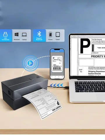 Thermal Label Printer Portable No Ink Required 203DPI 4x6 for Small Business Bluetooth USB High Speed Express Airway Bill
