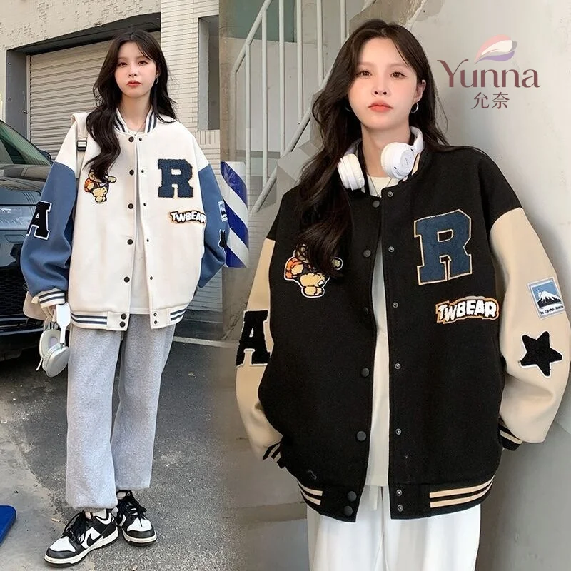 Autumn Winter plus Size Fleece Lined Baseball Jacket Women's New American Retro Loose Sweatshirt Outerwear Trendy for Students