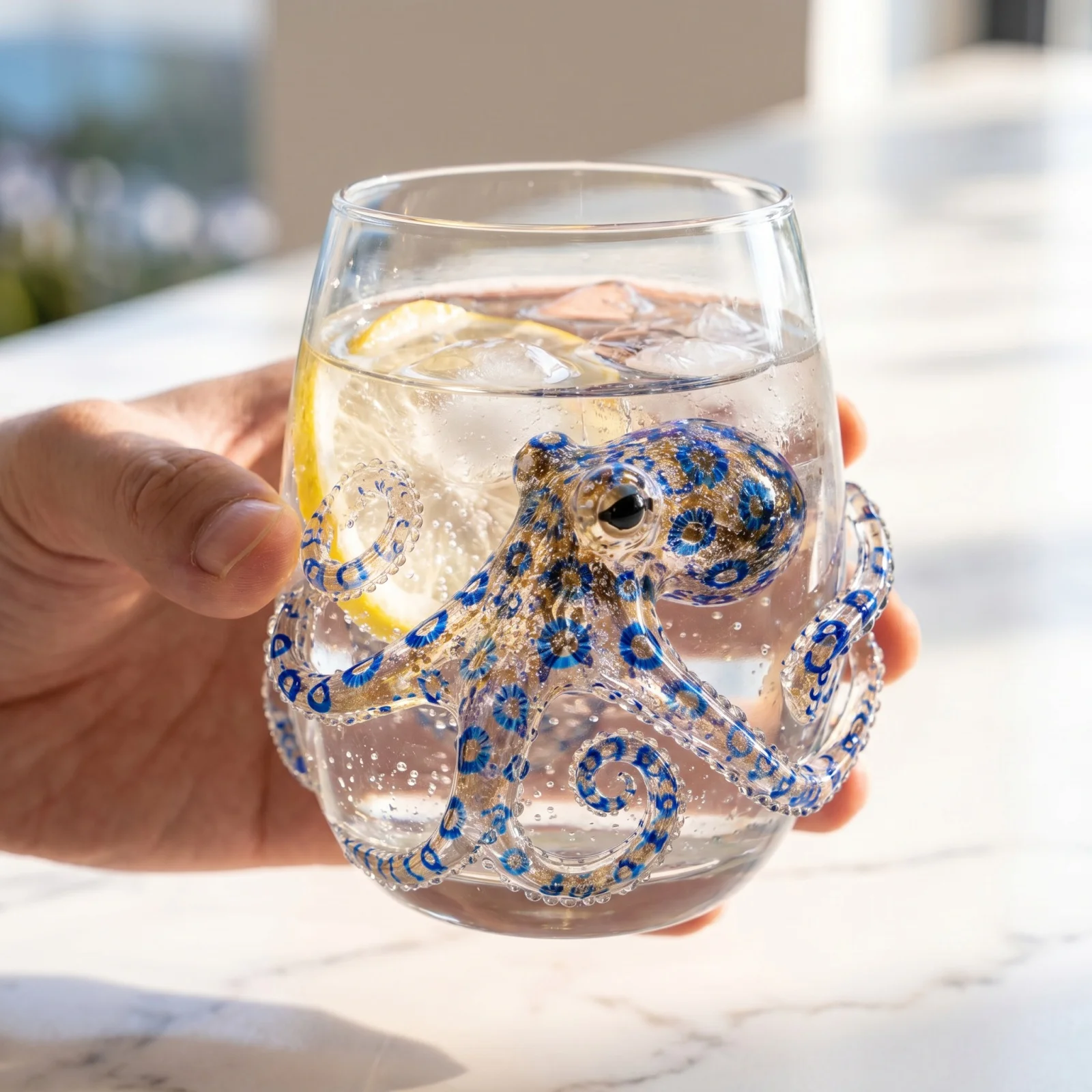 Artisanal Blue Ringed Octopus Glassware, Novelty Drinking Glass, 12 Oz Borosilicate Tumbler, Coastal Home Bar Accessories, Uniqu