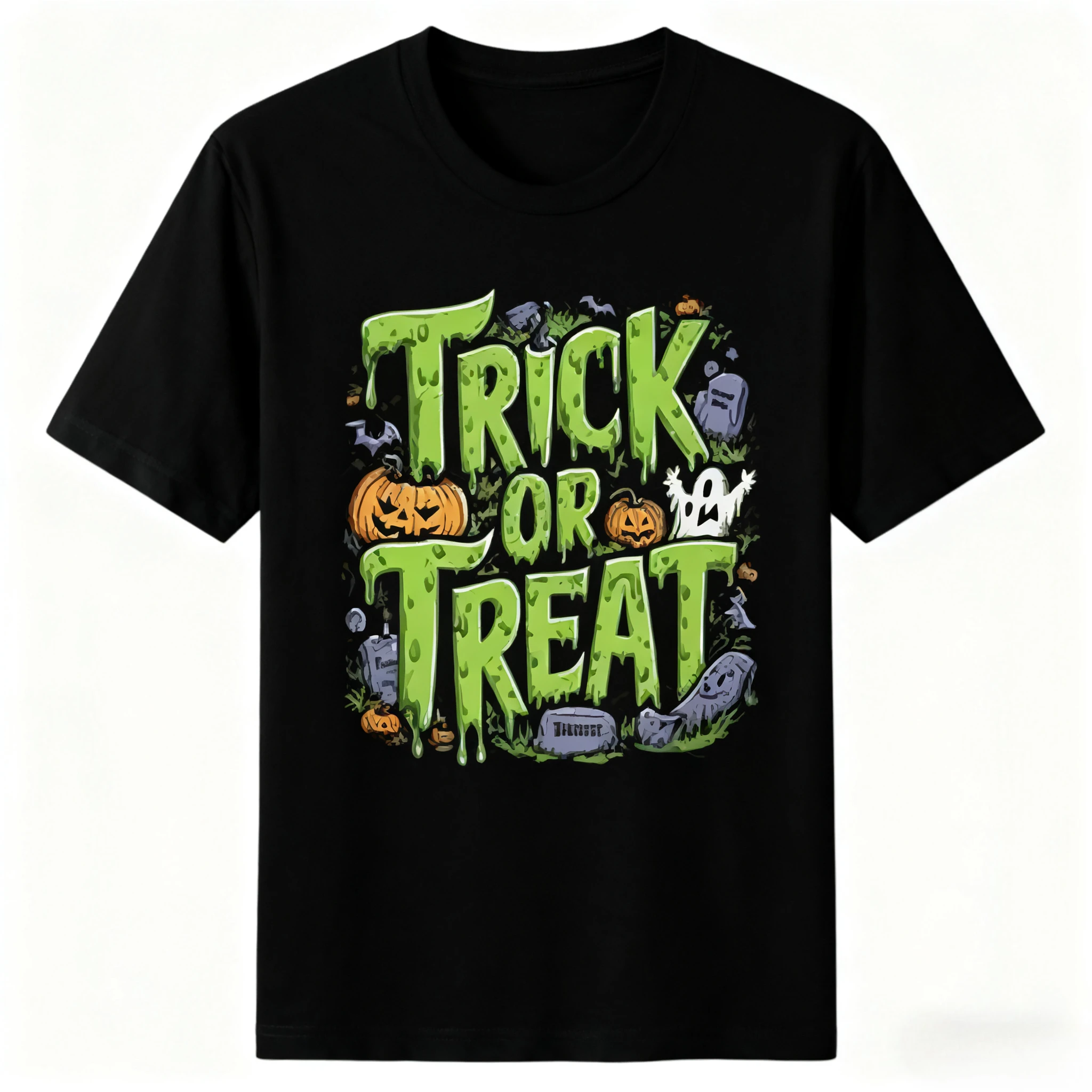 

Vintage "Trick or Treat" Halloween Tee, Retro Pumpkin Ghost Print Cotton T-Shirt, Spooky Fun Top for Men Women