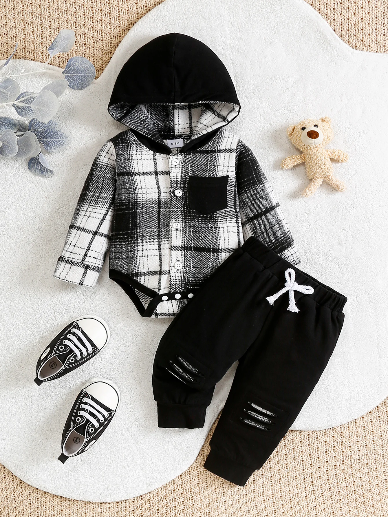 Ensemble à capuche à carreaux pour enfants, tissu doux et doux pour la peau, Design facile à porter avec chapeau et décoration de trous, Style Cool et décontracté