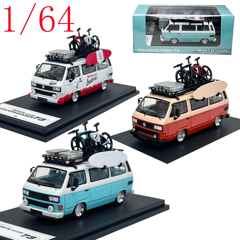 Model samochodu Volkswagen T3 Van w skali 1/64, metalowy model VW T3 z elementami rowerowymi, model kampera, zabawka kolekcjonerska, ozdoba.