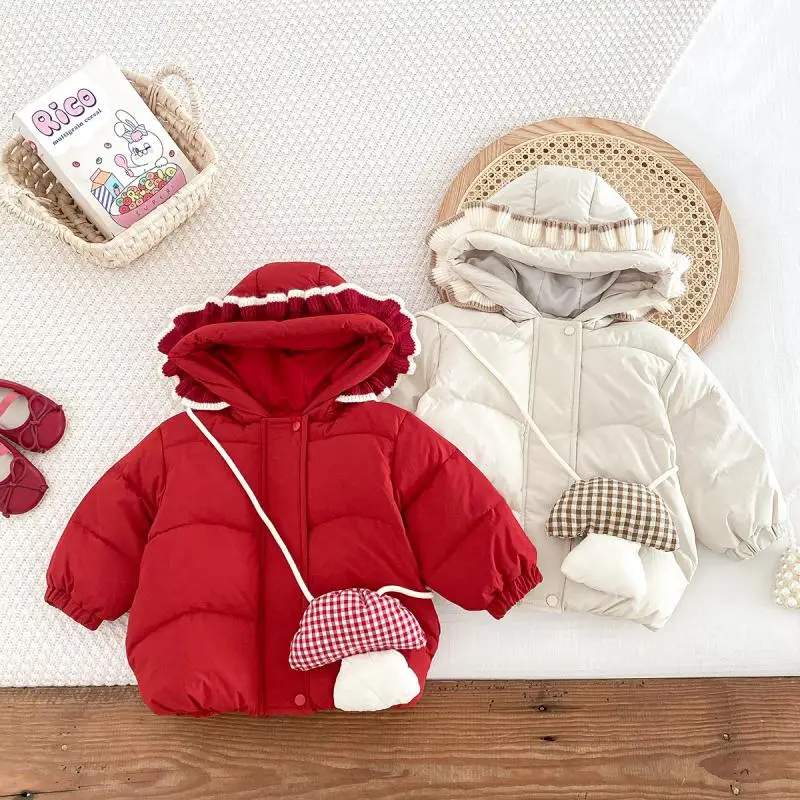 2024 Baby Girl Coat Winter Thickened Down Jackets Toddler Girls Plush Warm Outerwear Childrens Solid Hooded Parkas Snowsuit