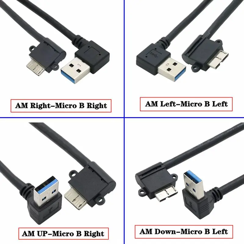 25cm High Speed USB 3.0 A Male to Micro B USB Elbow With Fixed Portable Hard Drive Data Cable, Bent Up, Down, Left, Right