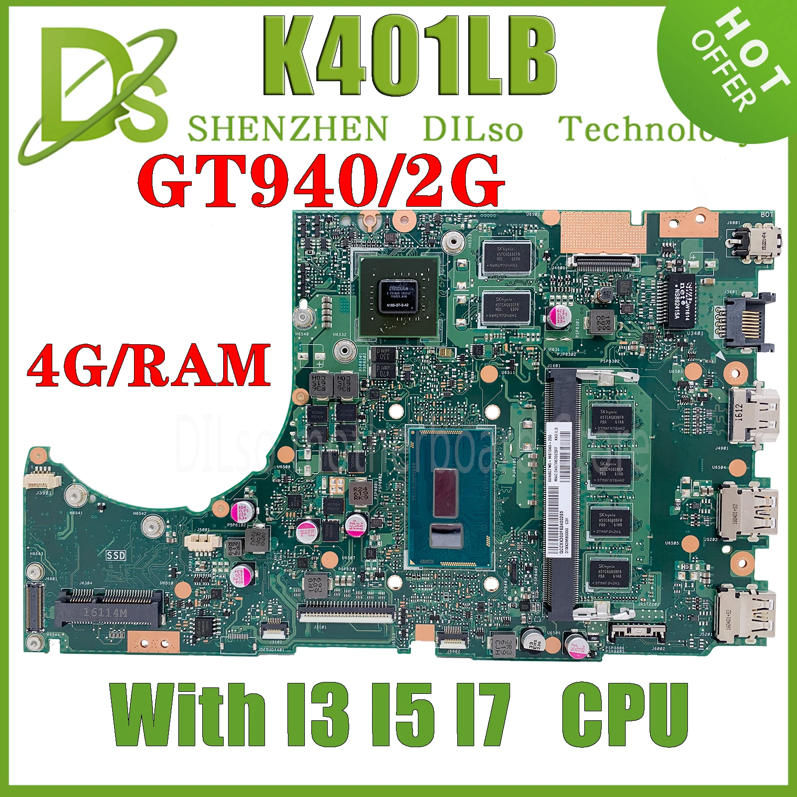 

KEFU K401LB MAINboard For ASUS K401LX A401L K401L Laptop Motherboard CPU I3 I5-5200U I7-5500U GT940M 4GB RAM 100% Working Well