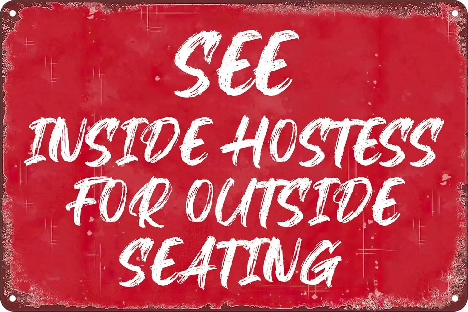 Vintage Metal Tin Sign   - See Inside Hostess for Outside Seating - Retro Wall Decor for Home, Room, or Bathroom Gift, Beige