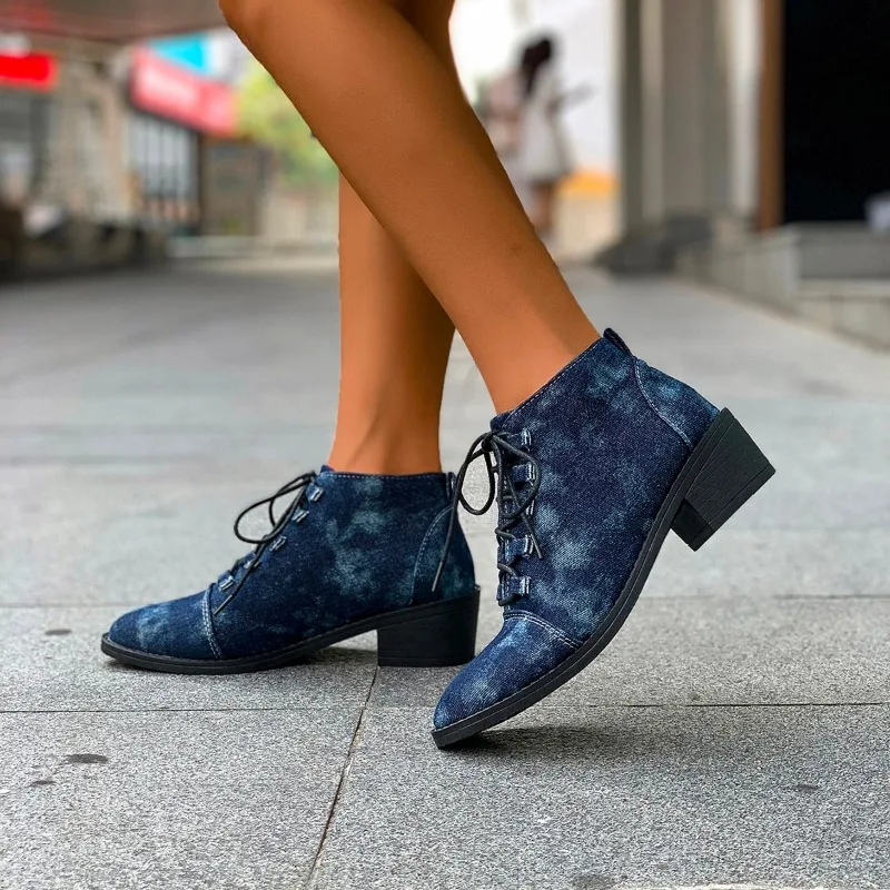2025 Spring Autumn Fashion Retro Square Heel Short Boots Pointed Toe Lace Up Versatile Solid Color Elegant Women's Fashion Boots