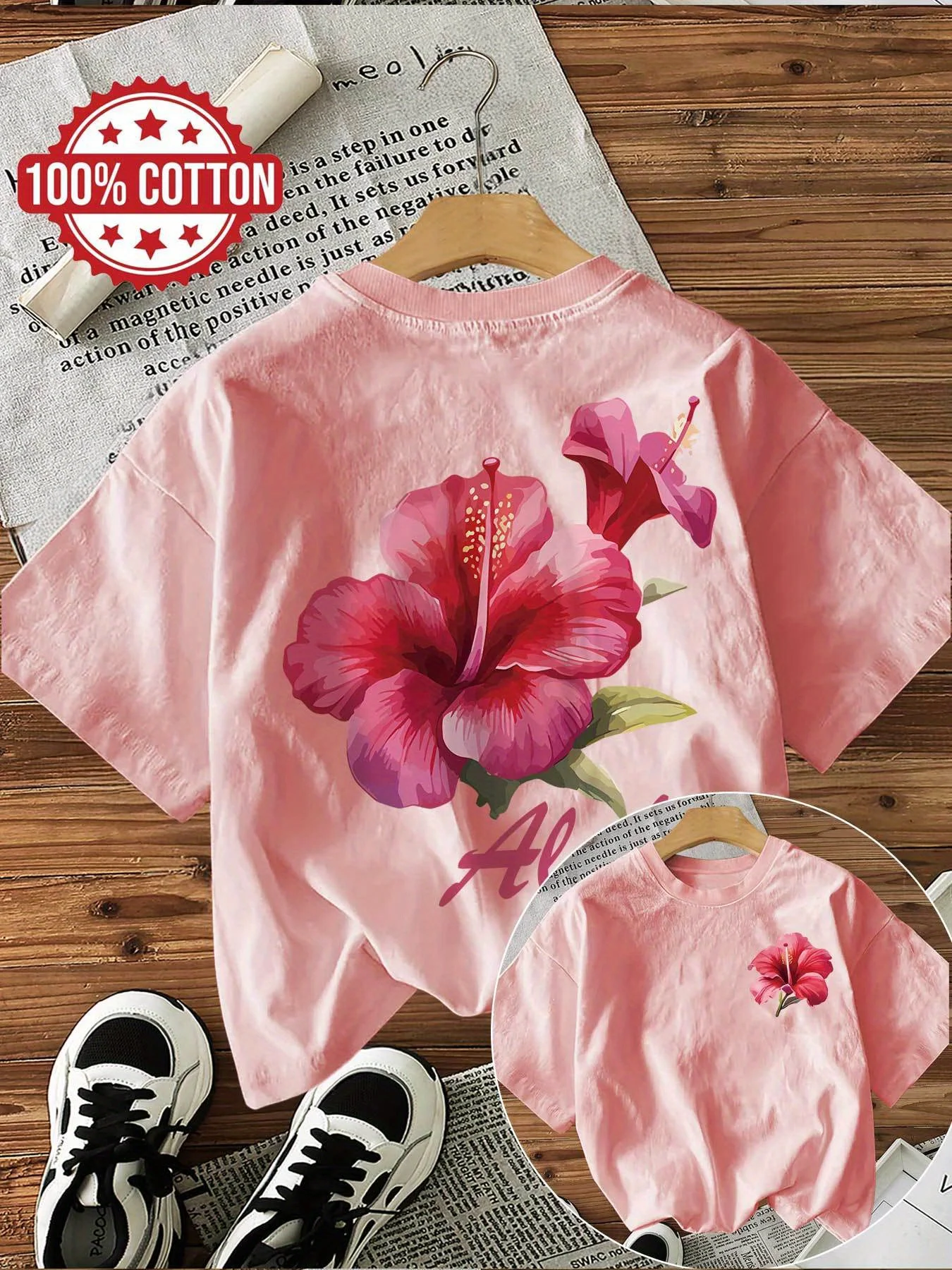 100% Cotton Women's Hawaiian Tropical Floral Print T-Shirt Soft Crew Neck Short Sleeve Top Beach Vacation Shirt Floral Design