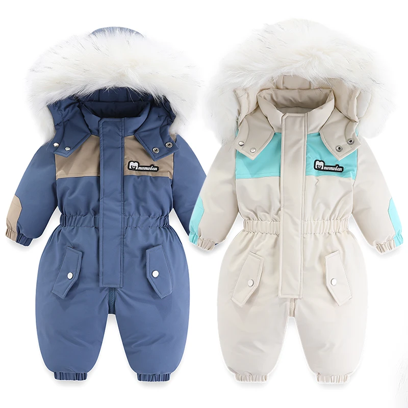 -30 Degree Winter Children Ski Suit Waterproof Thicken Baby Jumpsuit Plus Velvet Boys Overalls Warm Kids Clothing Set