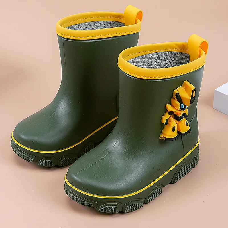 Winter Solid Children Rain Boots Waterproof Detachable Warm Plush Slip On Boys Girls Water Shoes Cute Non Slip Kids Rainboots