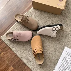 Cover Toe Women's Genuine Leather Shoes Slippers Summer Loafers Pantofle Low Platform Slides 2024 Rubber Hoof Heels Rome Basic S