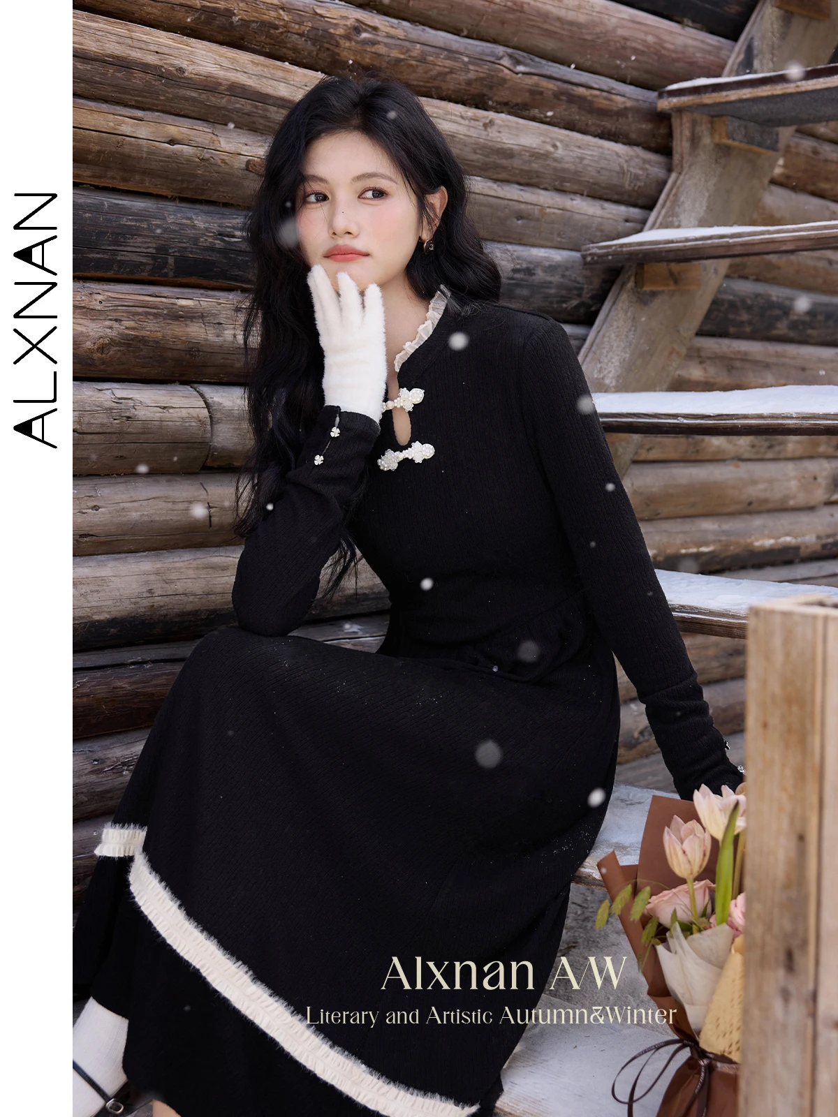 ALXNAN Women Midi Dresses Patchwork O-neck Long Sleeve A-line Elastic Waist Dress 20204 Winter Warm Slimming Clothing QJD00107