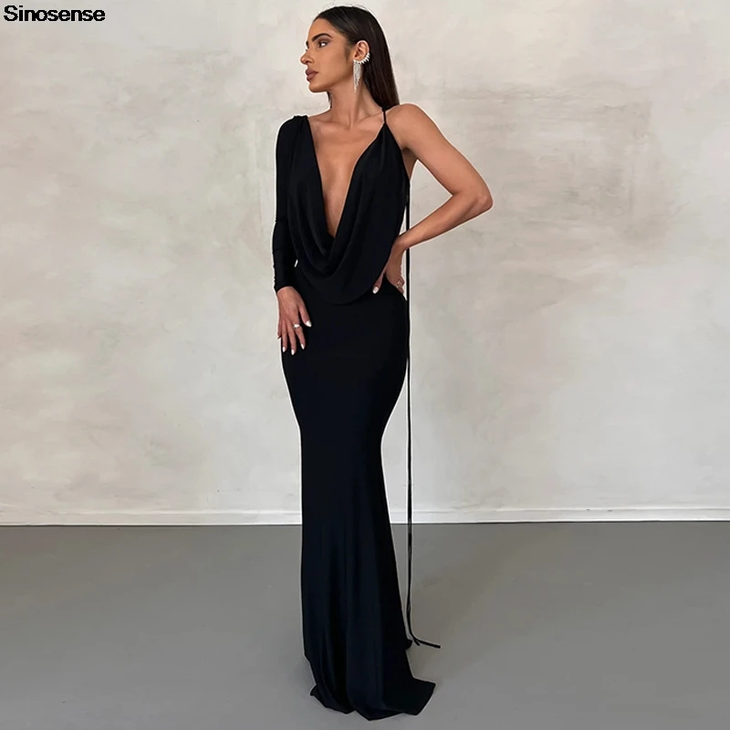 Womens Elegant Wedding Guest Cocktail Party Maxi Dress Sexy One Shoulder Long Sleeve Slim Bodycon Club Dinner Evening Dress