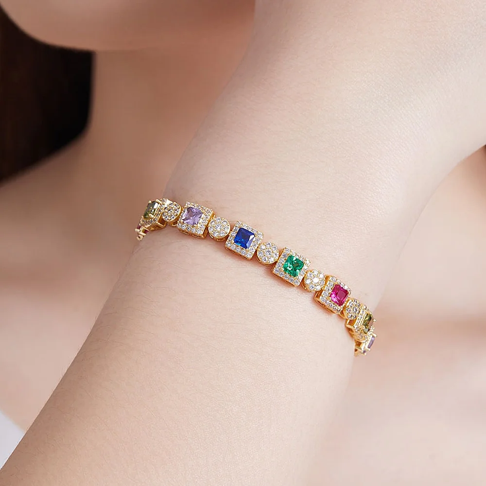 High Quality Fine Jewelry Elegant 14K Gold Plated Bracelet Multicolor Square Zircon Bracelets
