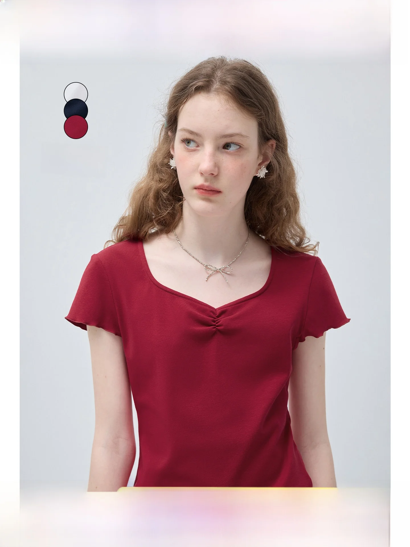 

Red Slim Fit Short Sleeve T-Shirt for plus Size Women Commute Style High Waist Design Skin Friendly Breathable Korean Version