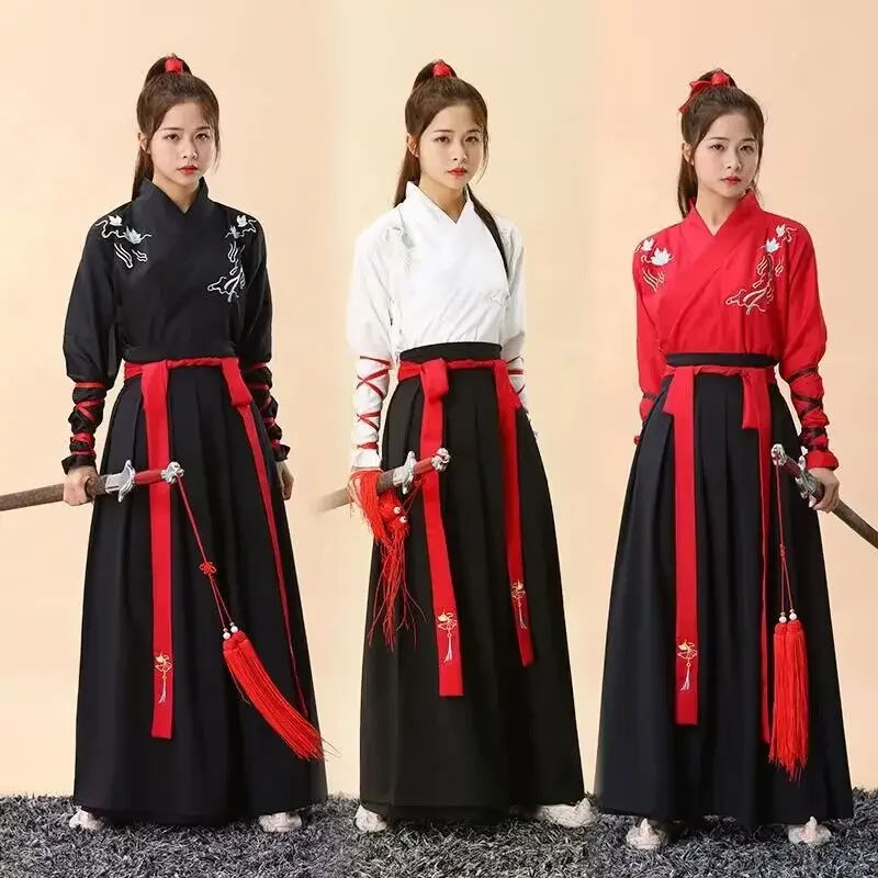 Traje de Cosplay Hanfu Tradicional Chinesa para Homens e Mulheres, Conjuntos de Camisa Antiga Hanfu Preto e Vermelho, Saia e Jaqueta, Tamanho Grande, 4XL