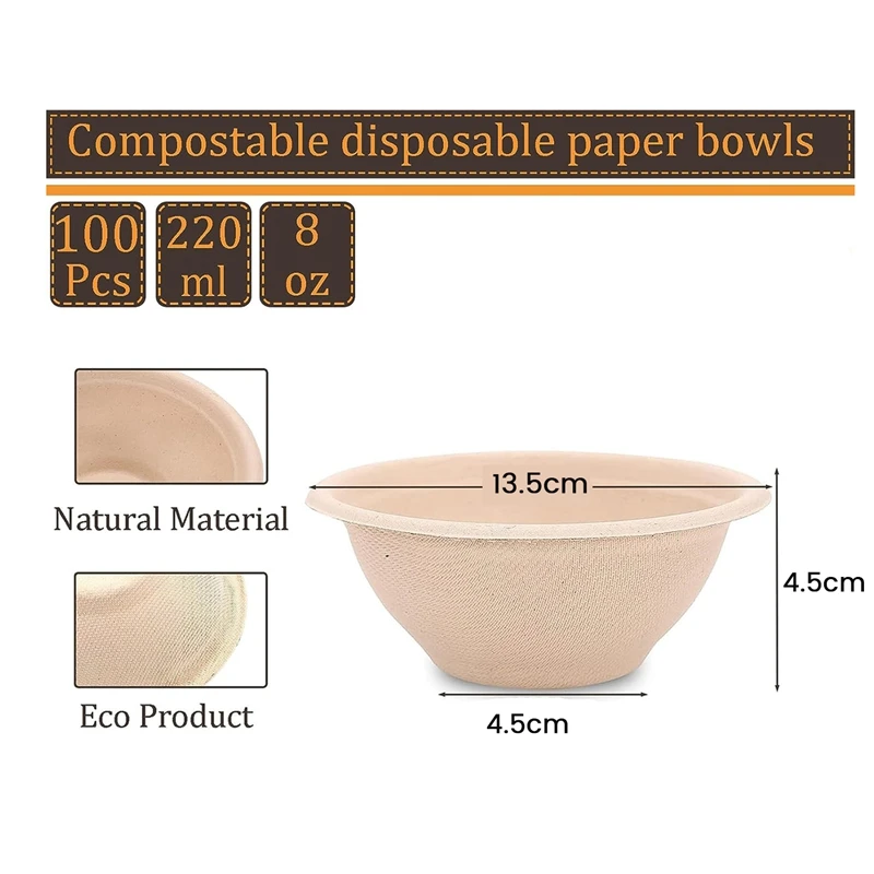 100Pcs Strong Disposable Paper Bowls,350Ml Disposable Sugarcane Paper Bowls Brown Super Rigid Biodegradable-AT35