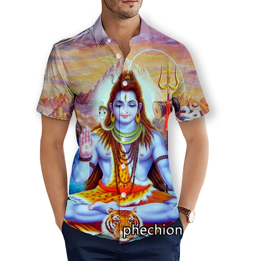 phechion Summer Mens Short Sleeve Beach Shirts Hinduism Shiva Graphic 3D Printed Casual Shirts Fashion Streetwear Men Tops X112