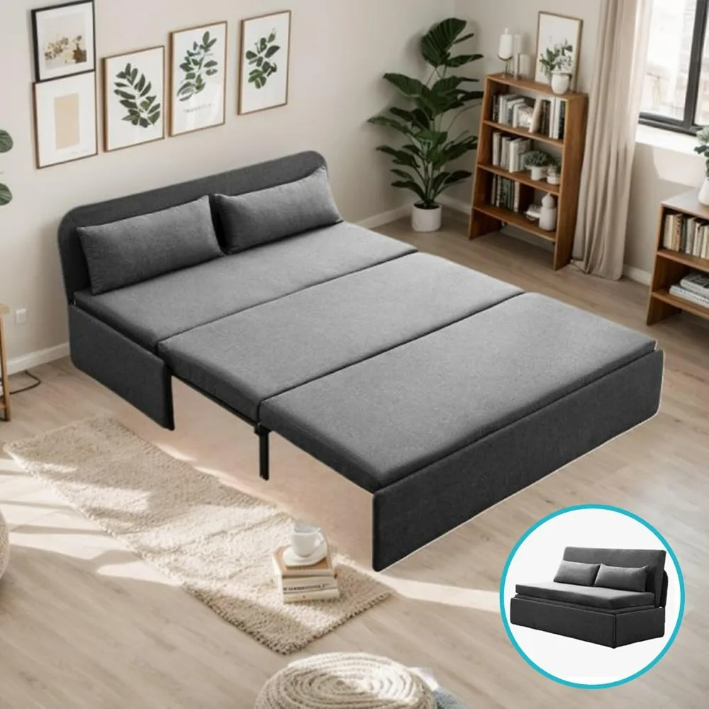 Pull Out Sofa Bed, Couch Bed with 2 Pillows, Linen Convertible Sleeper Sofa with Comfy Mattress, 2 in 1 Armless Loveseat Sleeper