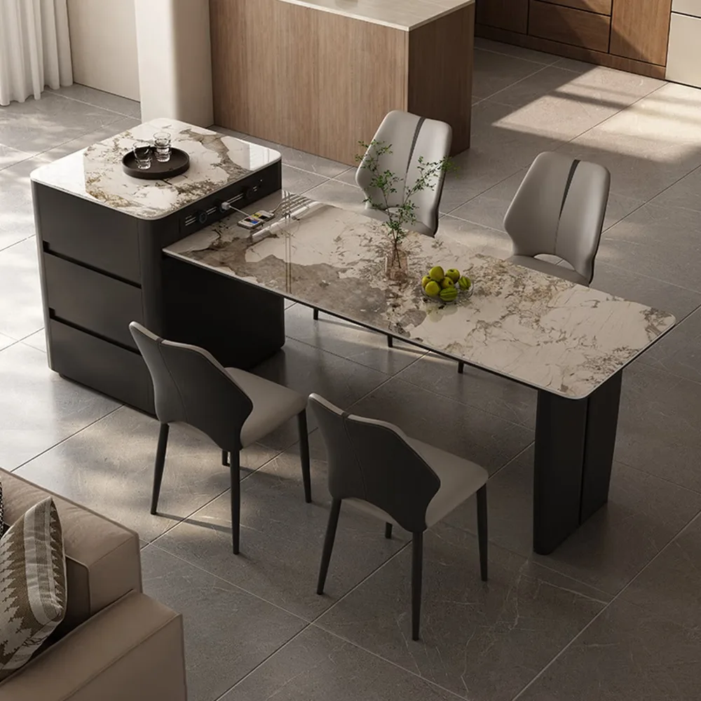 French Mid-Century Retractable Island Dining Table, Sintered Stone Console Tea Table Upgraded Hidden Induction Cooktop for Home