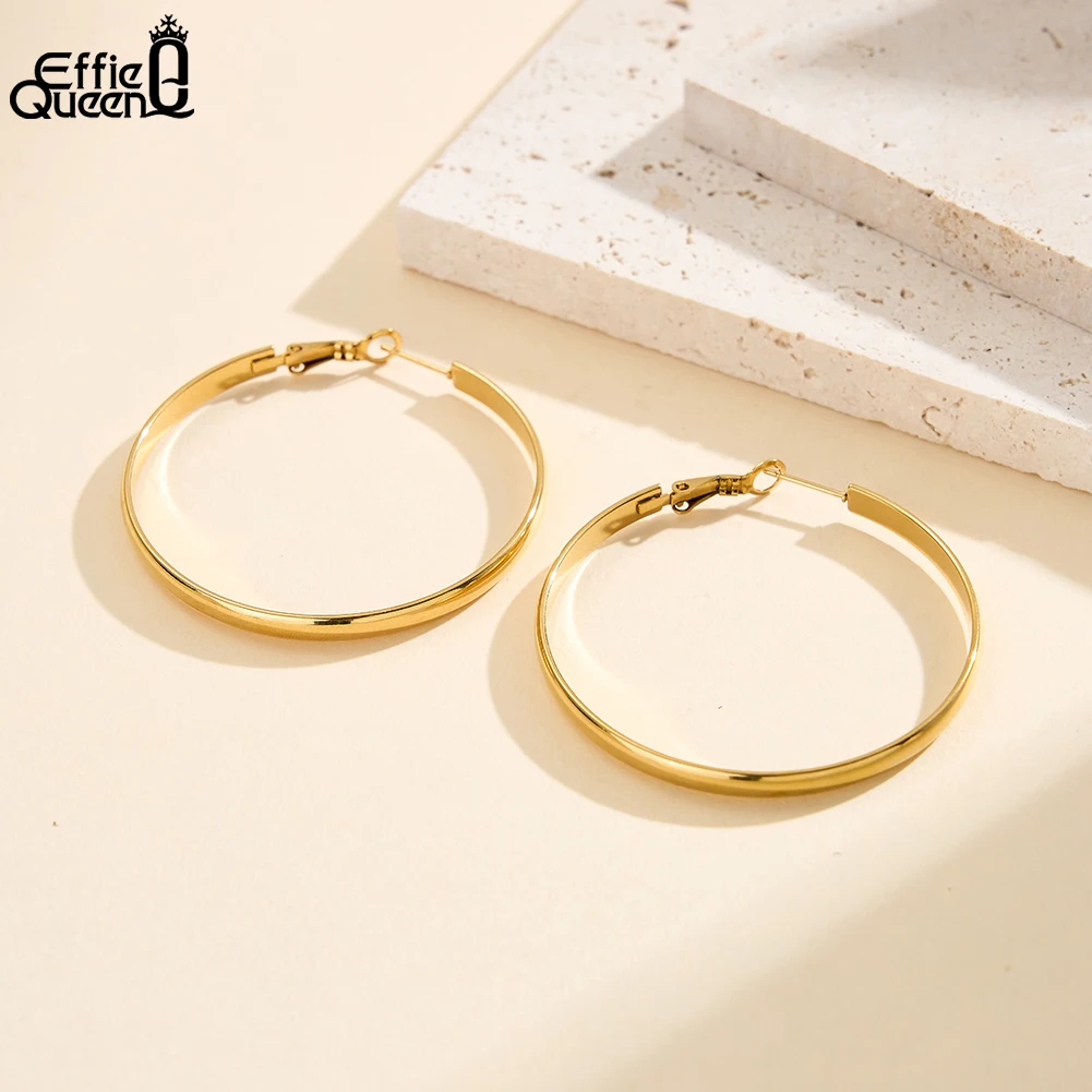 Effie Queen 1 Pair Stainless Steel Round Hoop Earrings 50mm Hip-hop Ear Buckle Huggie Classic Simple Versatile Jewelry STKE35