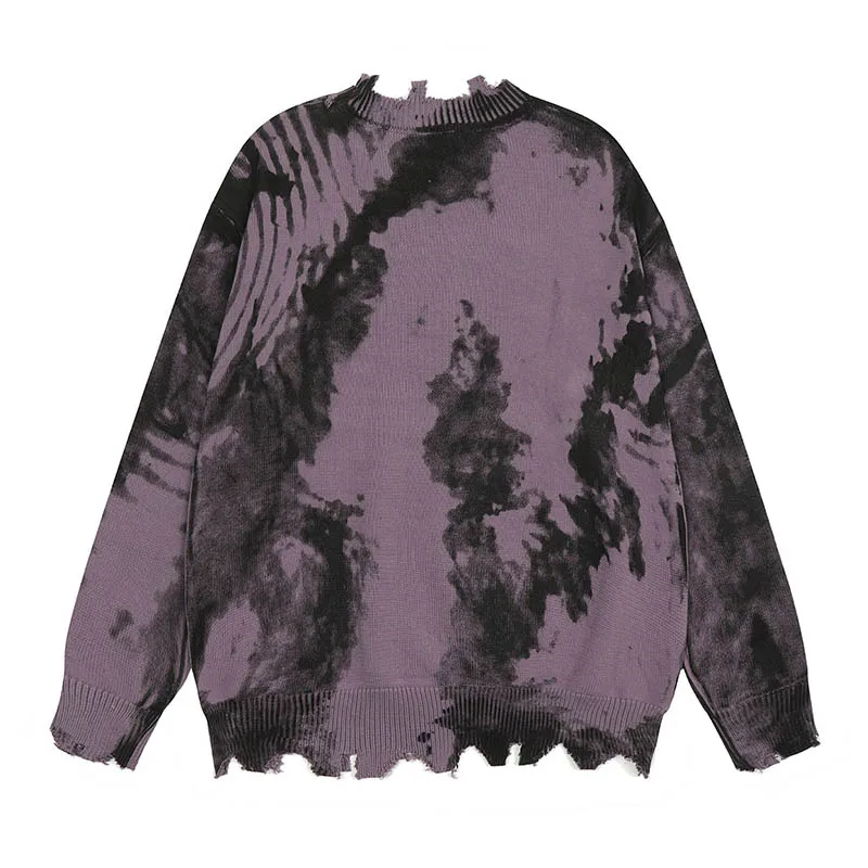 Hip Hop Tie Dye Ripped Knitted Sweater Harakuju Vintage Streetwear Pullover Sweater For Male Oversized