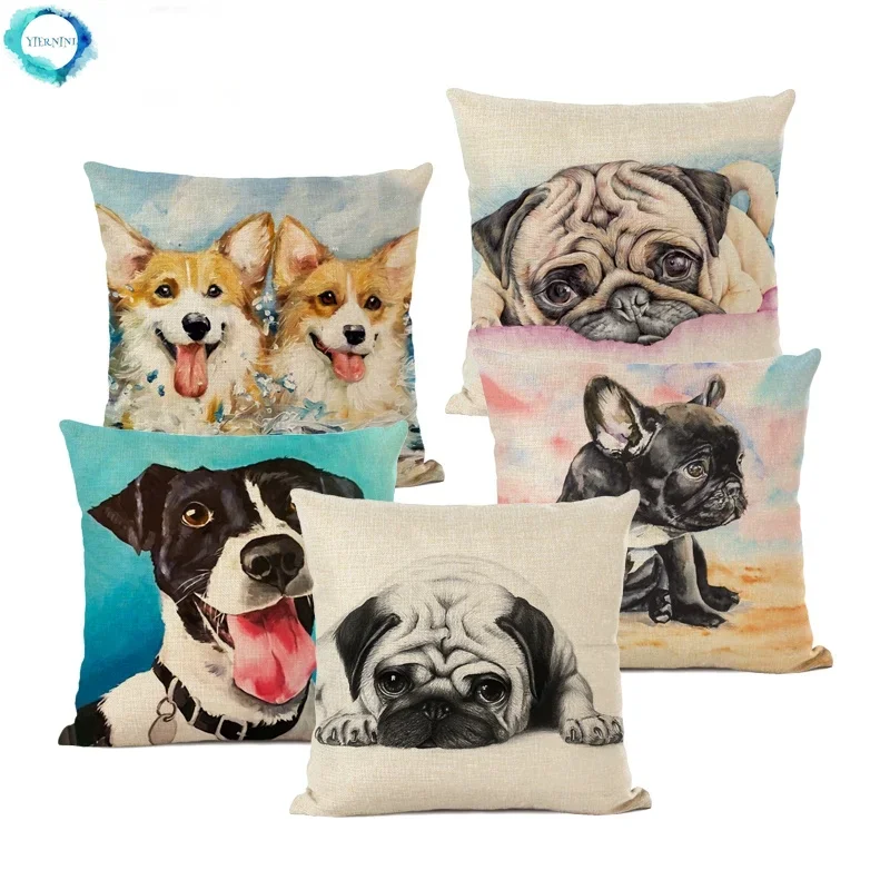 

45x45cm Hand-Painted Dog Decorative Pillows Cover Cute Bulldog Cushion Cover Linen Pillowcase for Cojines Decorativos Para Sofa