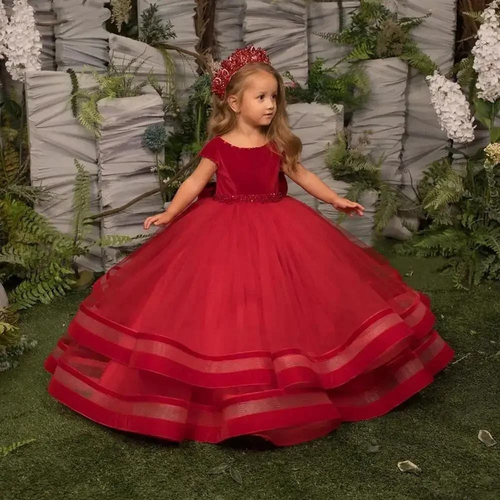 

Christmas Princess Pageant Gowns Bow Backless Flower Girls' Dresses Beaded Short Sleeves Kids Formal Wedding Party Wear