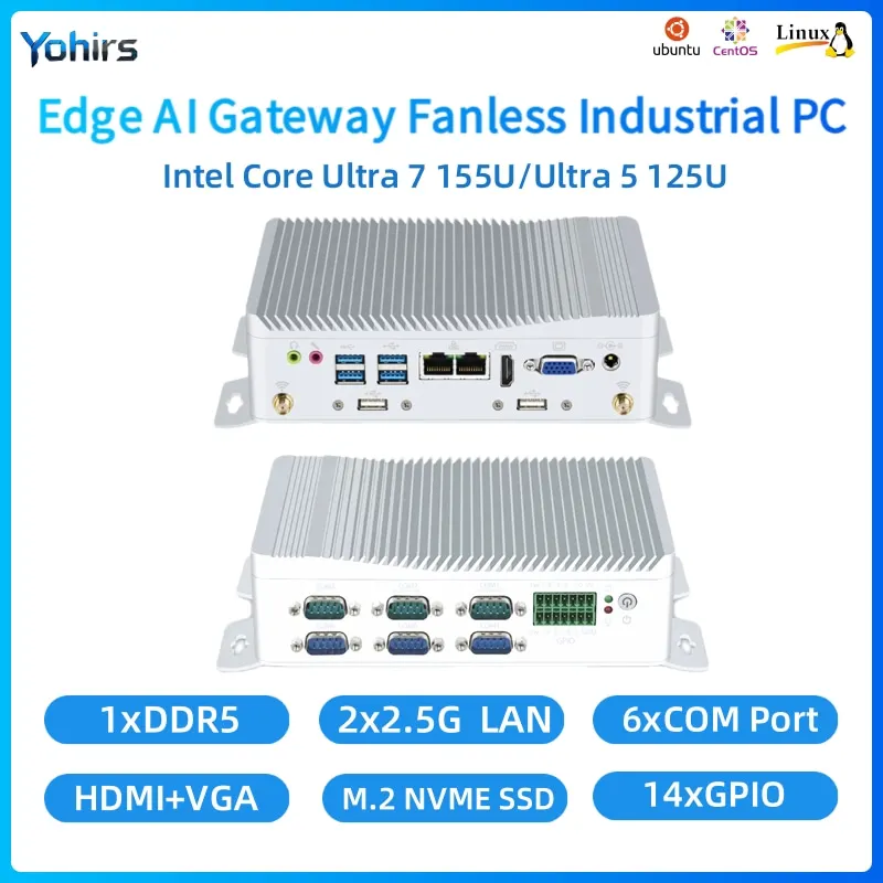

Безвентиляторный промышленный мини-ПК Intel Core Ultra 7 155U Ultra 5 125U DDR5 NVME 2x2.5GbE LAN 6xCOM 4xUSB3.0 GPIO HDMI 4G WiFi Linux