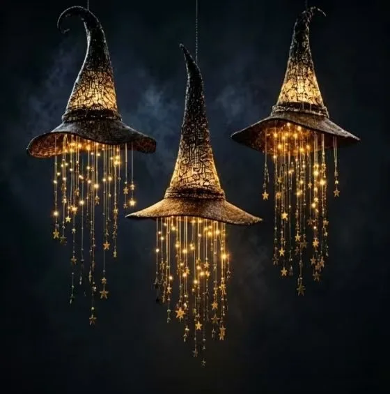 Witch Hat Hanging Light Halloween Star String Lamp Vintage Wizard Hat Pendant Light For Home Party Holiday Decor