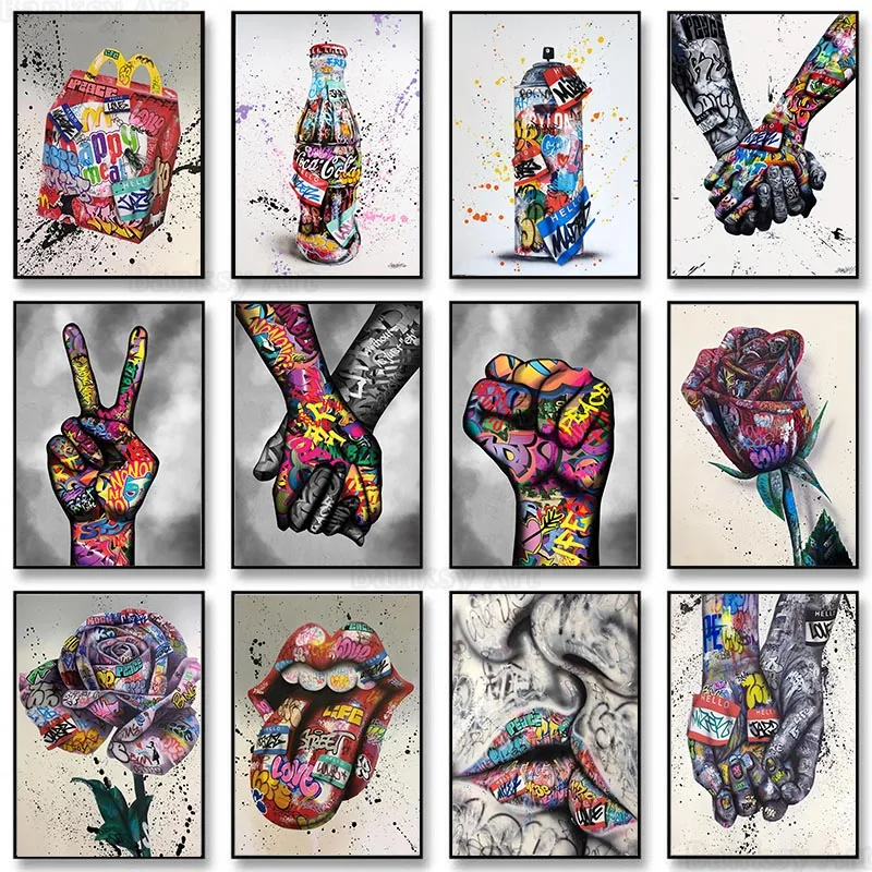Graffiti arte de pared decoración del hogar pintura calle mano gestos amor beso cartel moderno imprimir imágenes abstracto Pop habitación Mural