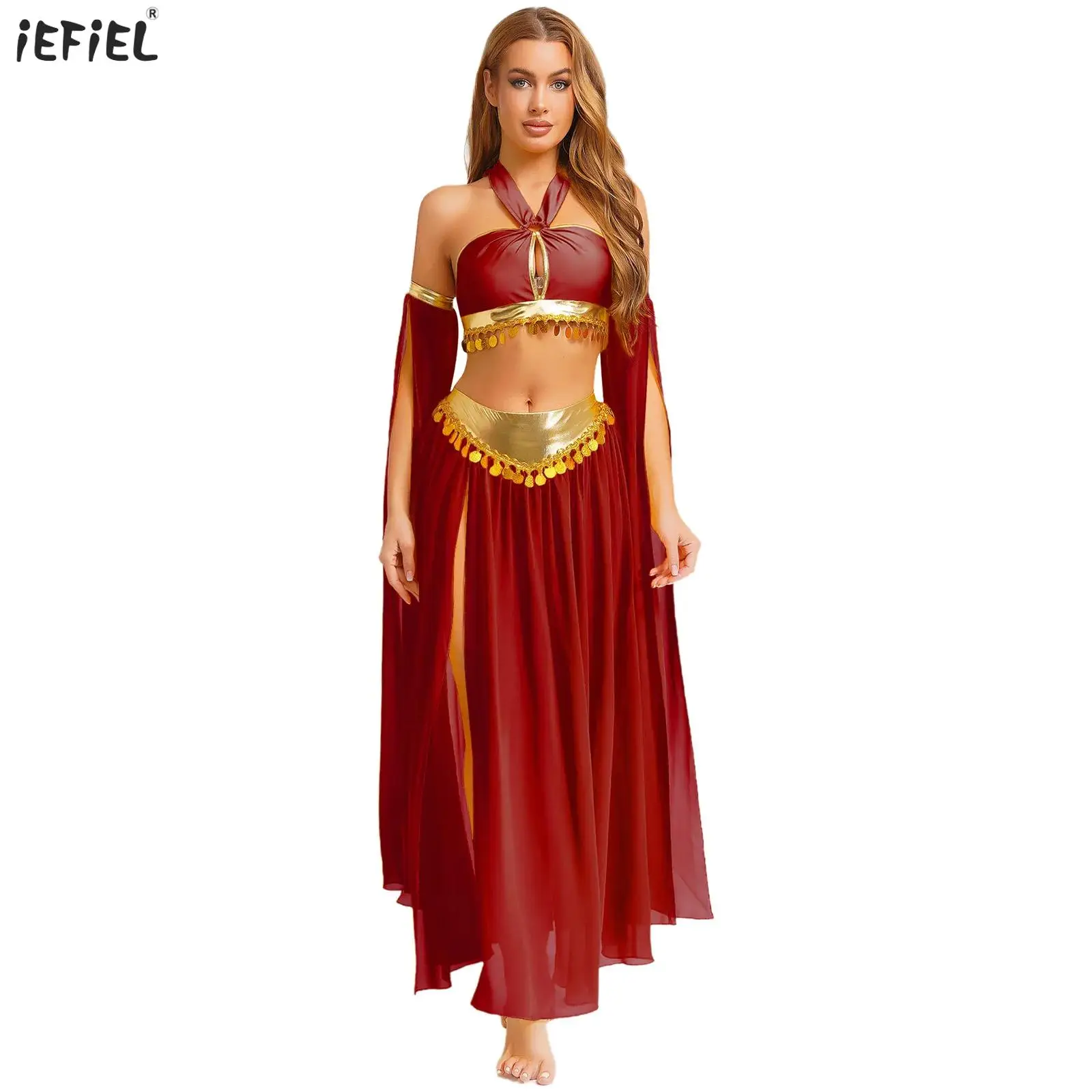 

Women Belly Dance Costume Halloween Princess Cosplay Set Halter Self-Tie Sequins Crop Top+Side Slit Chiffon Skirt+1 Pair Sleeves