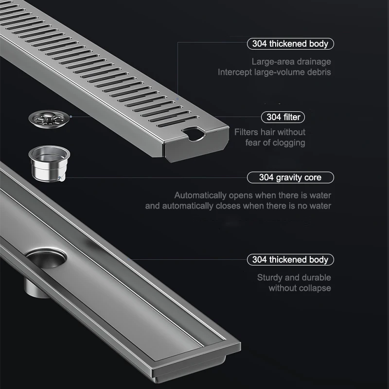 Stainless Steel Floor Drain 20-100cm Anti Odor Bathroom Floor Drain Filter Gun Gray Linear Shower Drain Hair Catcher