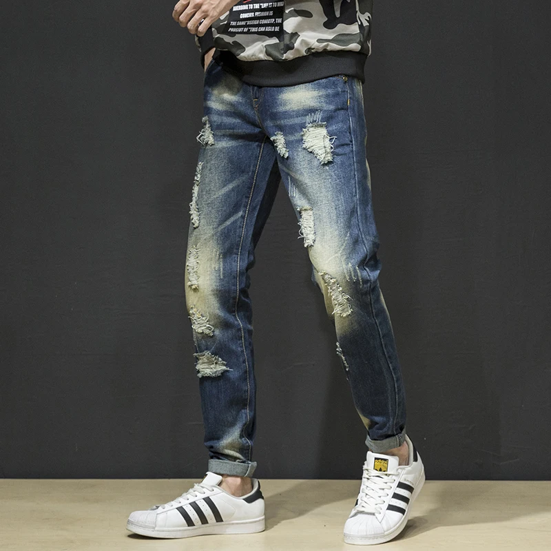 

Spring retro washed jeans, men's holes, retro elastic figure-flattering, small straight, fashionable all-matching long pants.
